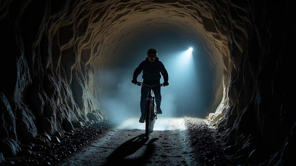 Dviračiu važiavimas per požeminį tunelį su šviesomis
